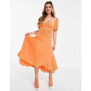 ASOS DESIGN Orange Puff Sleeve Eyelet Ruched Midi Dress